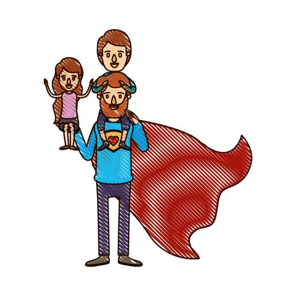 Color crayón raya dibujos animados cuerpo completo super papá héroe con chica en su mano y chico en su espalda — Archivo Imágenes Vectoriales