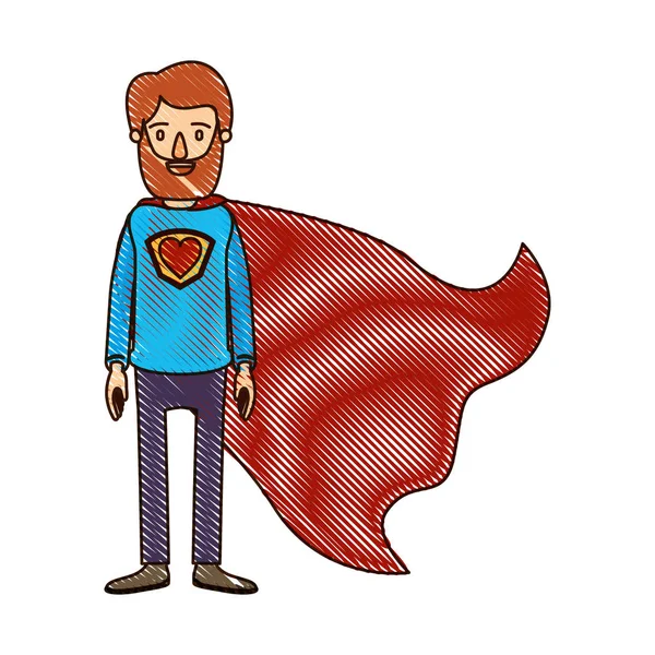 Color crayón rayas dibujos animados cuerpo completo barbudo súper hombre héroe con símbolo del corazón en uniforme — Vector de stock