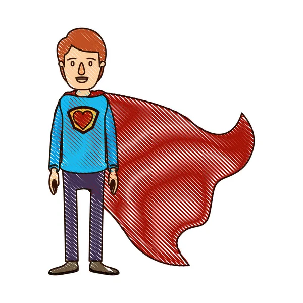 Cor lápis de cor banda desenhada corpo inteiro super cara herói com símbolo de coração em uniforme —  Vetores de Stock