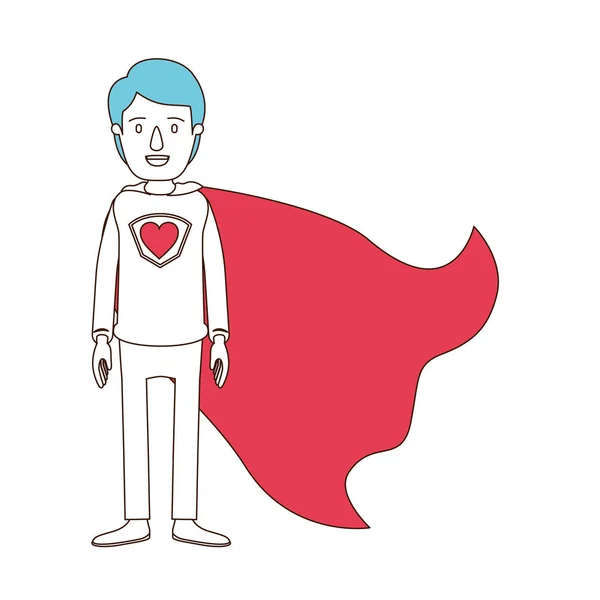 Силуэт мультфильм с цветными секциями полного тела супер герой парень с сердцем символ в униформе — стоковый вектор