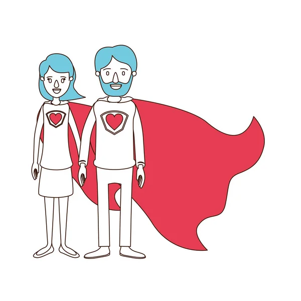 Sziluettjét rajzfilm a teljes test pár szülők szuperhős a szív szimbólum egységes színes metszetekkel — Stock Vector