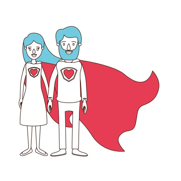 Silhouette Cartoon mit Farbausschnitten von Ganzkörperpaar Eltern Superheld mit Uniform und Mütze — Stockvektor
