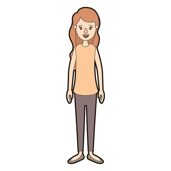 Caricature couleur claire contour épais femme corps entier avec les cheveux longs ondulés — Image vectorielle