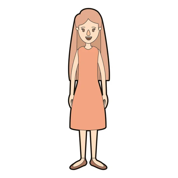 Color claro caricatura grueso contorno cuerpo completo mujer con el pelo largo y vestido — Vector de stock