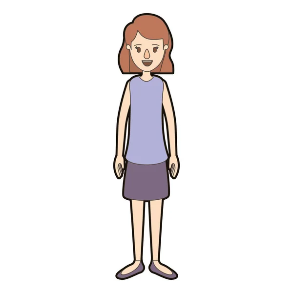 Color claro caricatura grueso contorno cuerpo completo mujer con pelo corto en falda — Vector de stock