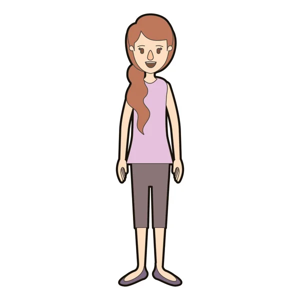 Helle Farbe Karikatur dicke Kontur Ganzkörper Frau mit Pferdeschwanz lange Haare — Stockvektor