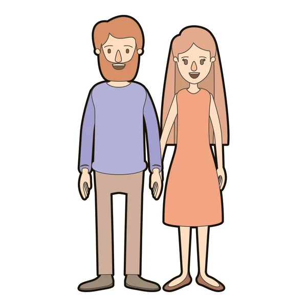 Warna terang karikatur tebal kontur pasangan tubuh penuh wanita dengan rambut panjang dalam pakaian dan pria dalam pakaian kasual - Stok Vektor