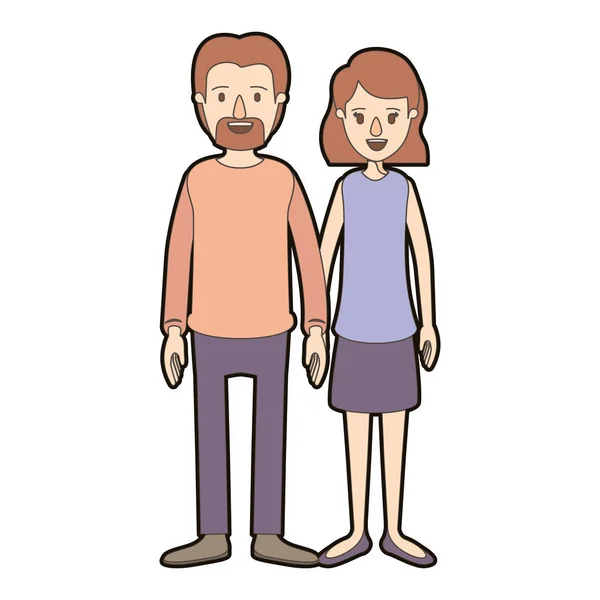 Lichtfarbe Karikatur dicke Kontur Ganzkörper Paar Frau mit welligen kurzen Haaren im Rock und Mann in lässiger Kleidung — Stockvektor