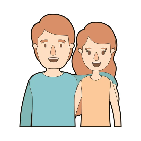 Cor clara caricatura contorno grosso metade corpo casal mulher com cabelo ondulado curto e homem — Vetor de Stock