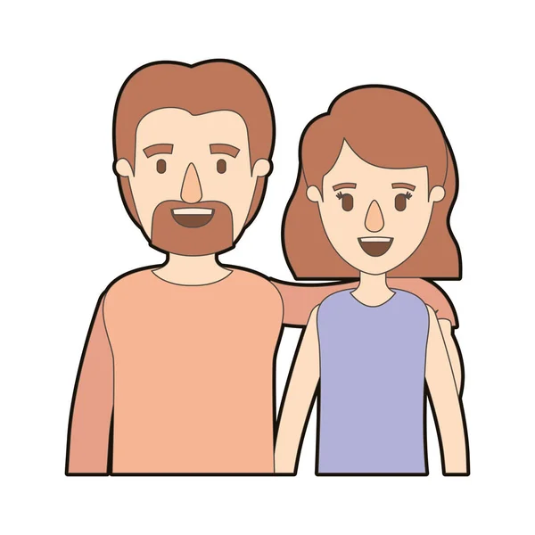 Cor clara caricatura contorno grosso metade corpo casal mulher com cabelo curto e barbudo homem — Vetor de Stock