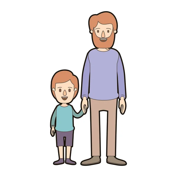 Світлий колір карикатури товстий контур повний чоловік взяв руку з маленьким хлопчиком — стоковий вектор