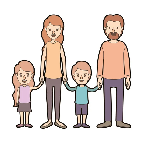 Light color caricature thick contour family group with parents and children taken hands — Stock Vector