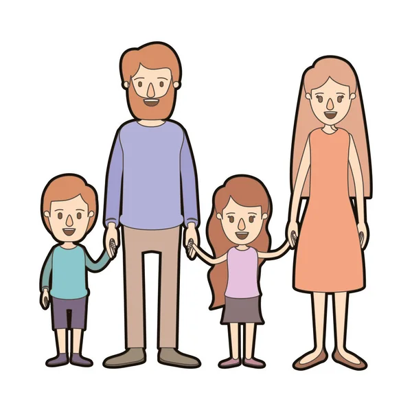 Color claro caricatura grueso contorno familia con los padres y los niños pequeños tomados de la mano — Vector de stock