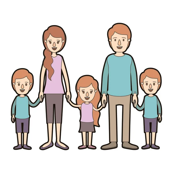 Familie van de contour van de karikatuur van het lichte kleur de dikke met jonge ouders en kinderen genomen handjes — Stockvector