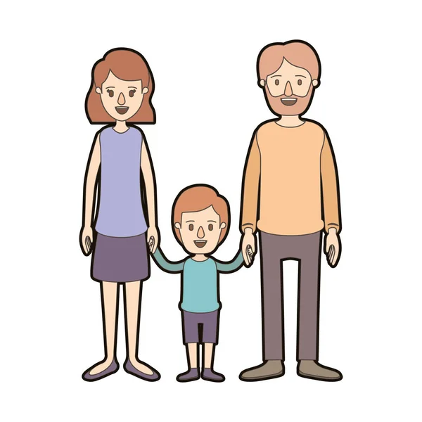 Color claro caricatura gruesa familia contorno con el padre barbudo y mamá con el pelo corto con el niño tomó las manos — Vector de stock