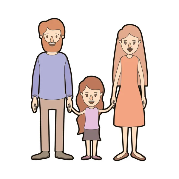 Χρώμα φωτός καρικατούρα παχύ περίγραμμα οικογένεια με πατέρα γενειοφόρος και μαμά με μακριά μαλλιά με κοριτσάκι λαμβάνονται τα χέρια — Διανυσματικό Αρχείο