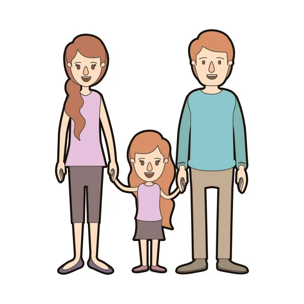 Couleur claire caricature contour épais famille avec jeune père et maman avec côté queue de cheval cheveux avec petite fille pris mains — Image vectorielle