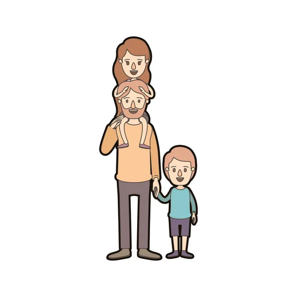 Light color caricature thick contour bearded father with girl on his back and boy taken hands — Stock Vector