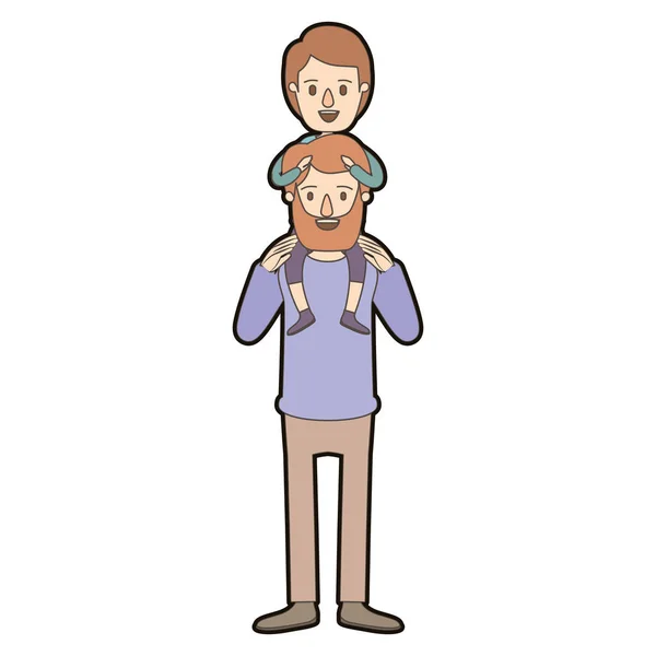 Lichte kleur karikatuur dikke contour bebaarde vader, met jongen op zijn rug — Stockvector