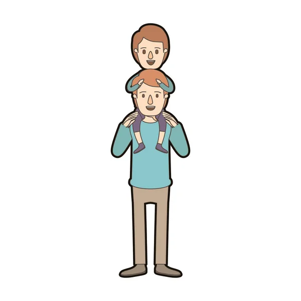 Color claro caricatura grueso contorno joven padre con niño en su espalda — Archivo Imágenes Vectoriales