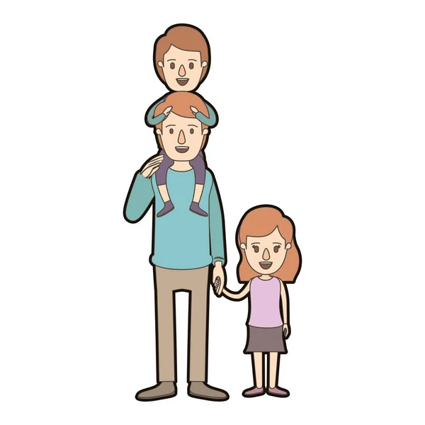 Світлий колір карикатури товстий контур тато з хлопчиком на спині і дівчина взяла руки — стоковий вектор
