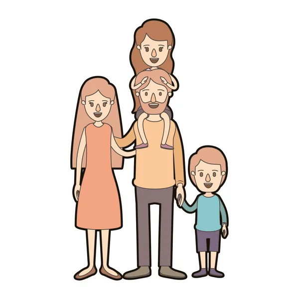 Couleur claire caricature épais contour famille parents avec fille sur son dos et garçon pris les mains — Image vectorielle