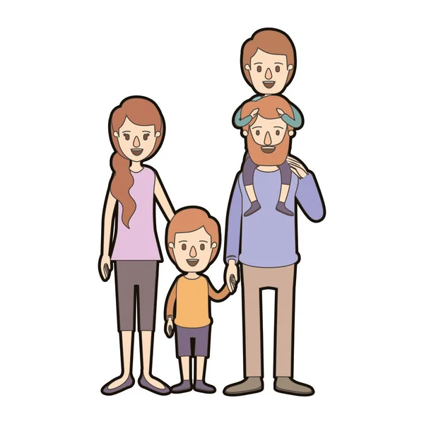 Light color caricature thick contour family parents with boy on his back and girl taken hands — Stock Vector