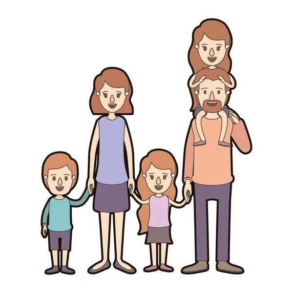 Light color caricature thick contour family group with parents and little kids taken hands — Stock Vector