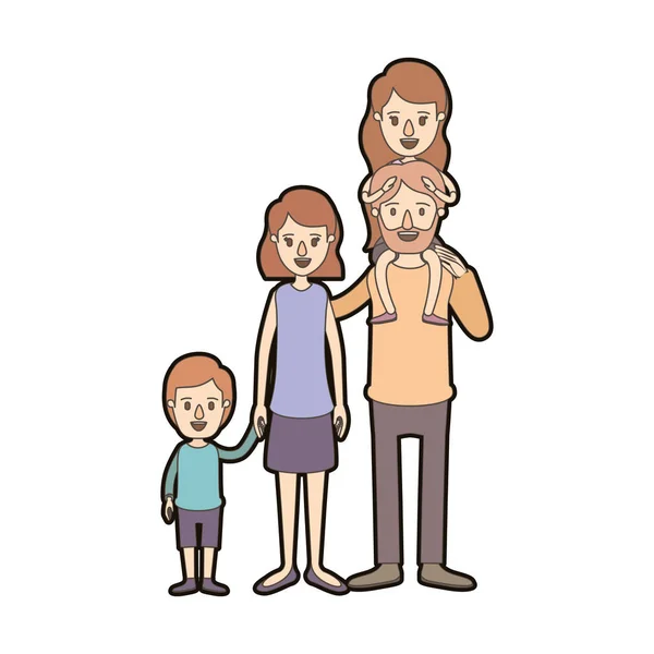 Couleur claire caricature épais contour grande famille parents avec fille sur son dos et fils pris les mains — Image vectorielle