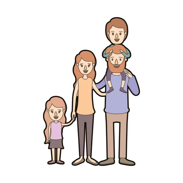 Világos színű karikatúra vastag kontúr nagy családi szülők fiú a hátán és a lánya kezébe venni — Stock Vector