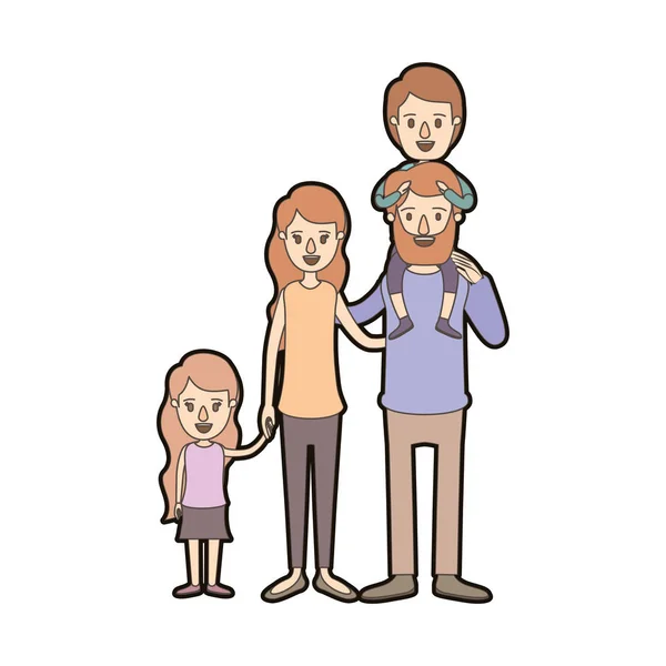 Lumière couleur caricature épais contour grande famille parents avec garçon sur son dos et fille pris mains — Image vectorielle