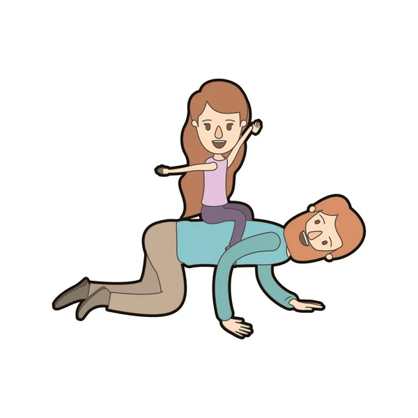 Светлый цвет карикатуры толстый контур бородатый отец с девушкой, играющей лошадь на спине — стоковый вектор