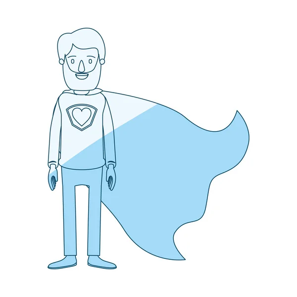Sylwetka niebieskie cieniowanie kreskówka całego ciała Brodaty mężczyzna super bohater z serce symbol w mundurze — Wektor stockowy