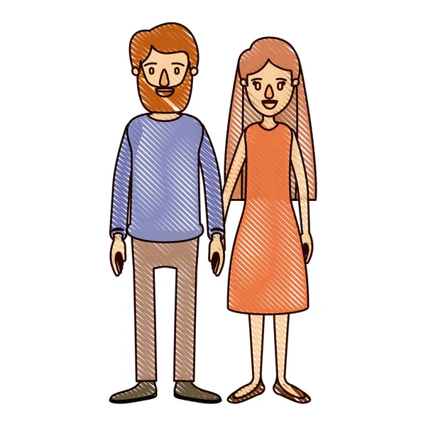 Färgkrita stripe tecknad helkropps par kvinna med långt hår i klänning och mannen i casual kläder — Stock vektor