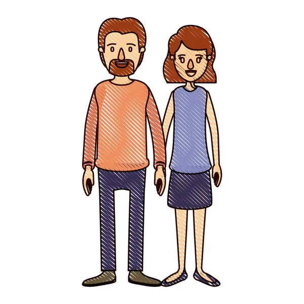 Färgkrita stripe tecknad helkropps par kvinna med vågiga kort hår i kjol och mannen i casual kläder — Stock vektor