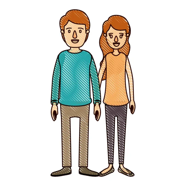 Color crayon stripe cartoon full body couple in casual clothing — Stock Vector