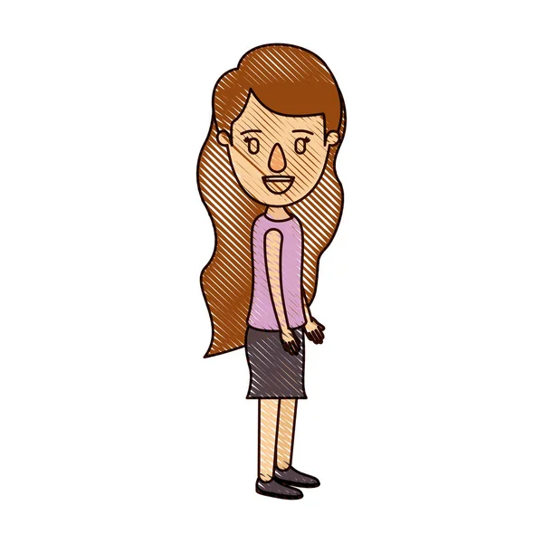 Couleur crayon bande dessinée femme corps complet avec les cheveux longs ondulés regardant vers le côté — Image vectorielle