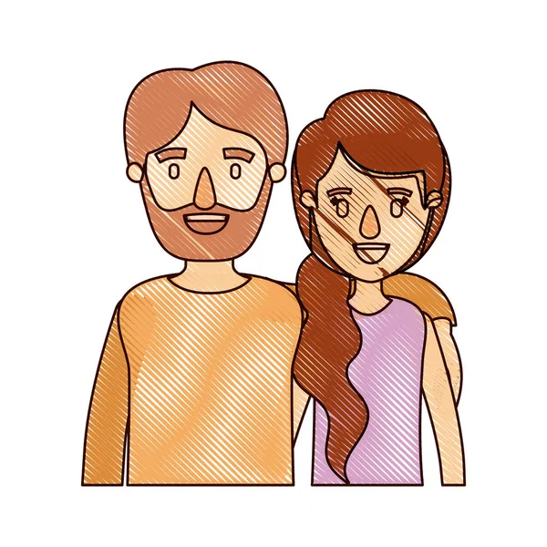 Цветной карандаш полоска мультфильм половинка тела пара женщина с хвостиком боковой волос и бородатый мужчина — стоковый вектор