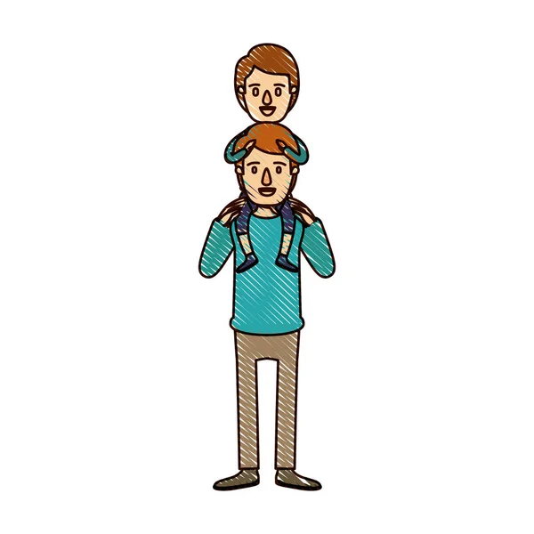 Colore pastello striscia cartone animato giovane padre con ragazzo sulla schiena — Vettoriale Stock