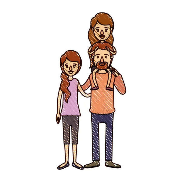 Color crayón rayas de dibujos animados de la familia con la madre y el padre con bigote y niña en la espalda — Archivo Imágenes Vectoriales