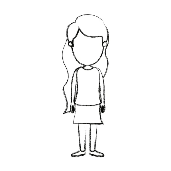Silhouette floue dessin animé corps complet femme sans visage avec les cheveux longs ondulés en jupe — Image vectorielle