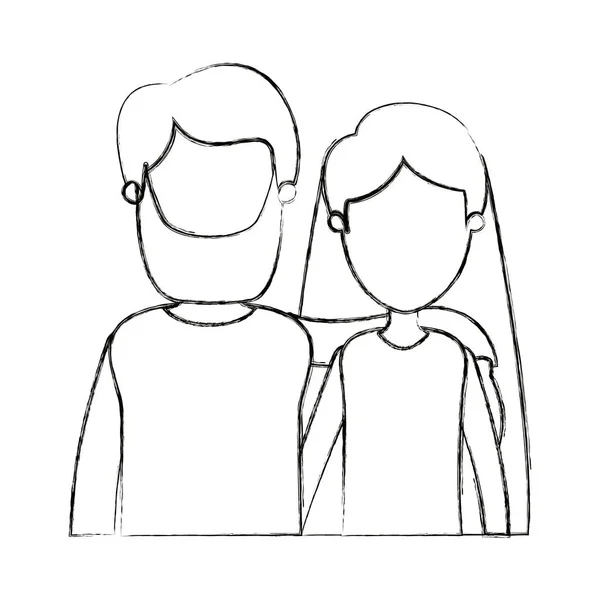 Silhouette floue dessin animé visage moitié corps couple femme avec les cheveux longs et barbu homme — Image vectorielle