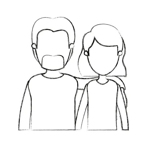 Silhouette floue dessin animé visage moitié corps couple femme avec les cheveux courts et barbu homme — Image vectorielle