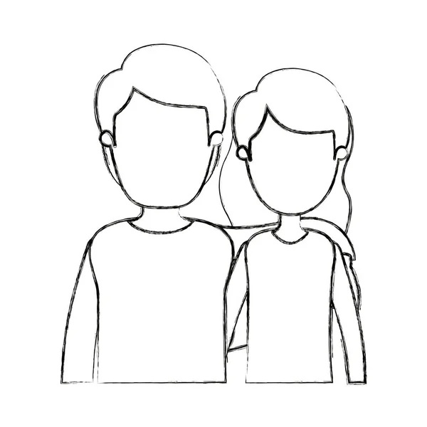 Silhouette floue dessin animé visage moitié corps couple femme avec cheveux courts ondulés et l'homme — Image vectorielle