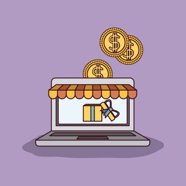 dizüstü bilgisayar ve online satın alma Hediyelik mor arka plan