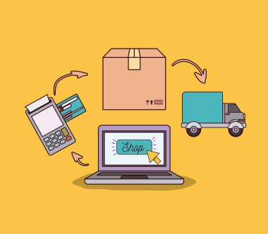 dizüstü bilgisayar ile merdiven online alışveriş ve teslimat ile sarı arka plan