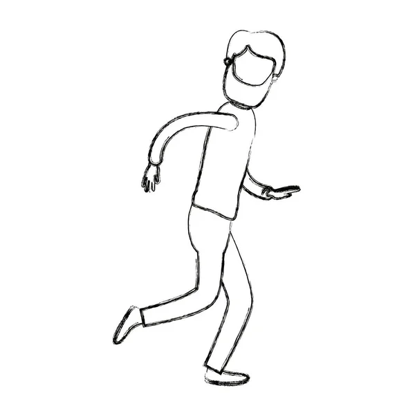 Rozmazané siluety kreslený anonymní Zachycovací muž s vousy a knír běží — Stockový vektor