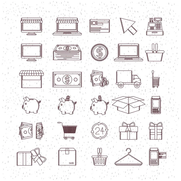 Monokrom uppsättning ikoner av köp och sälj och frakt och besparingar och betalning — Stock vektor