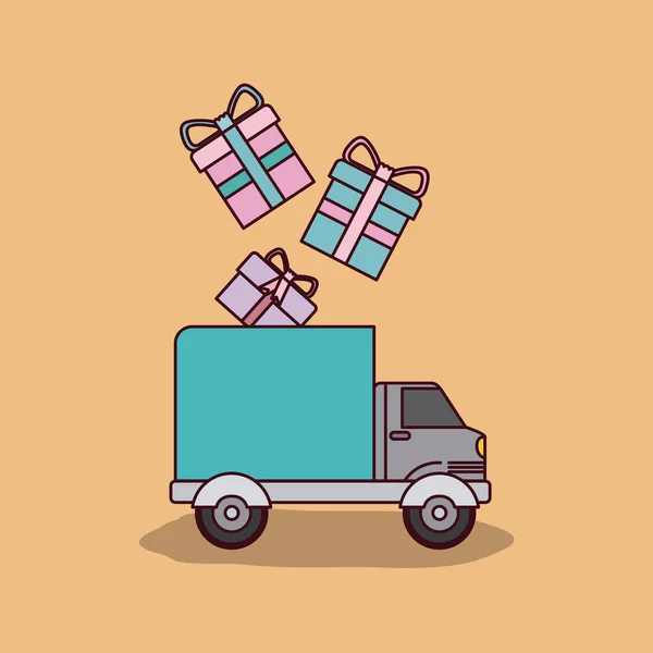 Colore di grano sfondo con camion servizio di spedizione regali scatole — Vettoriale Stock