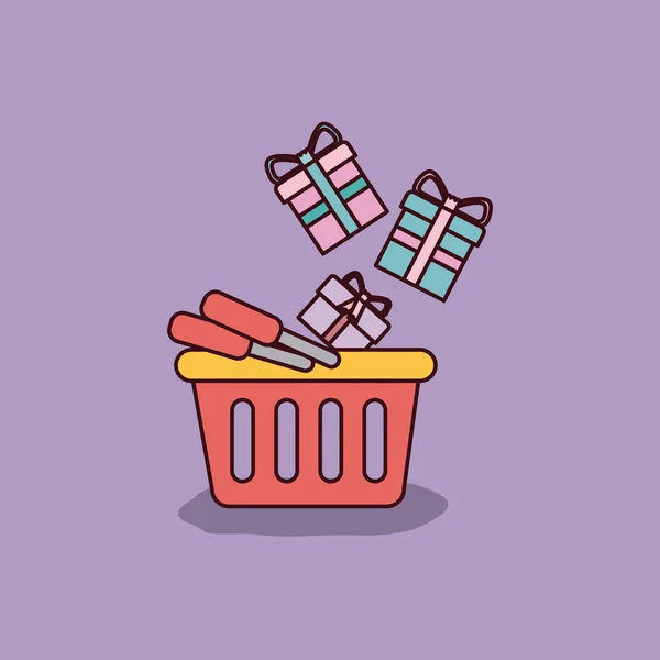 Fundo roxo com cesta de compras e caixas de presente — Vetor de Stock